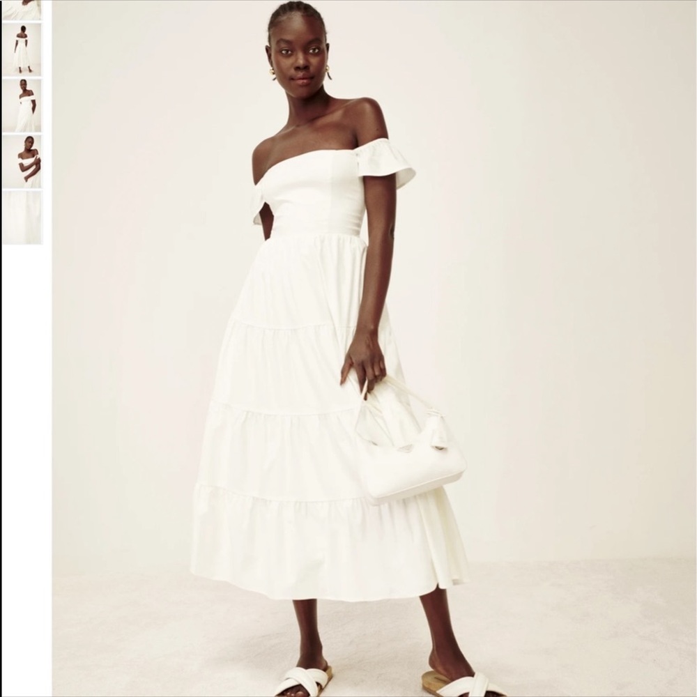 🤍 Reformation Derek Organic Cotton Off Shoulder Tiered MIDI Dress 🤍